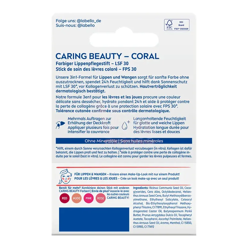 بالم لب و رژ لب سه در یک لابلو کرینگ بیوتی کورال Labello Caring Beauty Coral