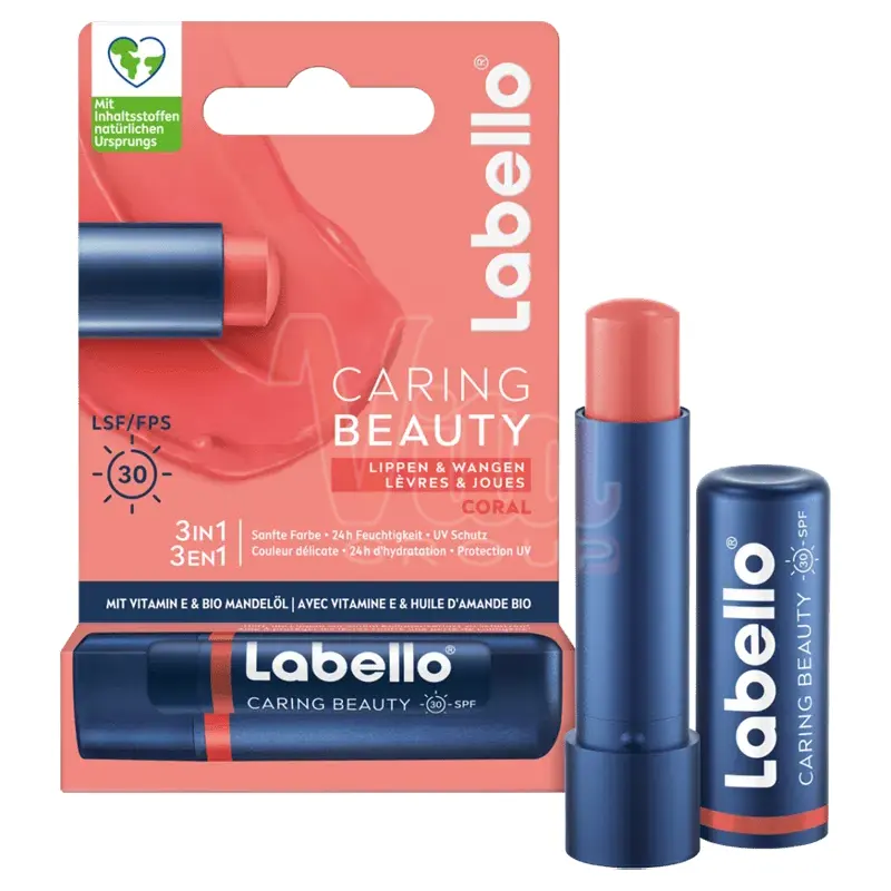 Labello Caring Beauty Coral 4 بالم لب و رژ لب سه در یک لابلو کرینگ بیوتی کورال Labello Caring Beauty Coral