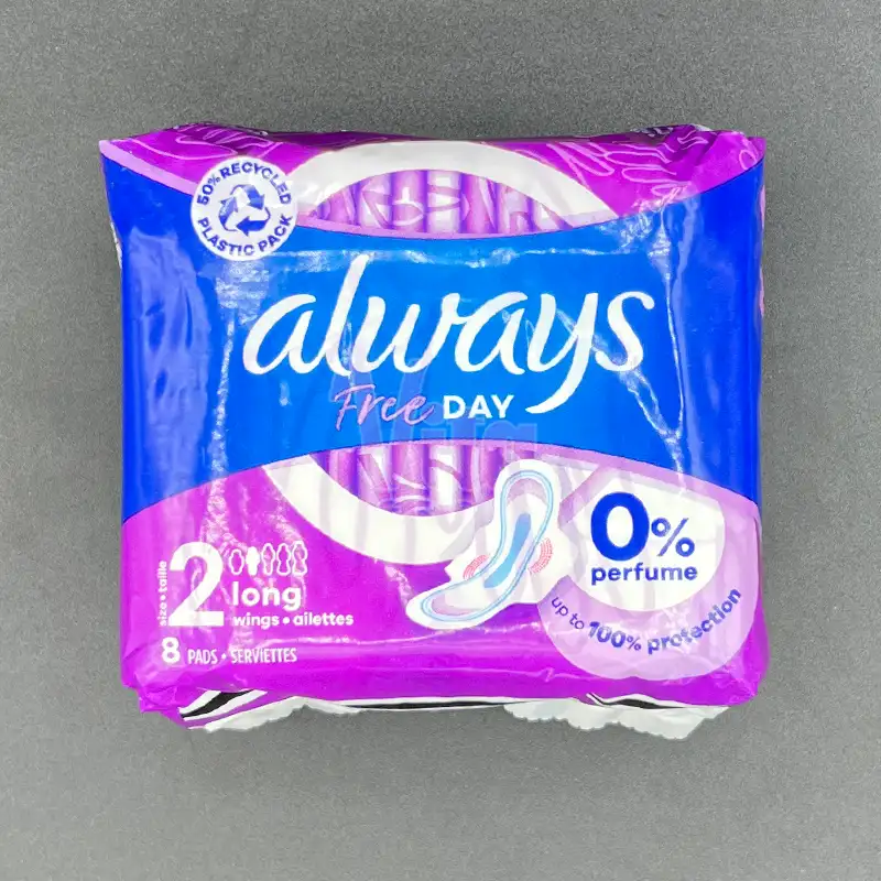 Always Free Day Size 2 Long Sanitary Pads 5 نوار بهداشتی آلویز فری دی سایز ۲ مناسب استفاده روز بالدار بسته 8 Always Free Day