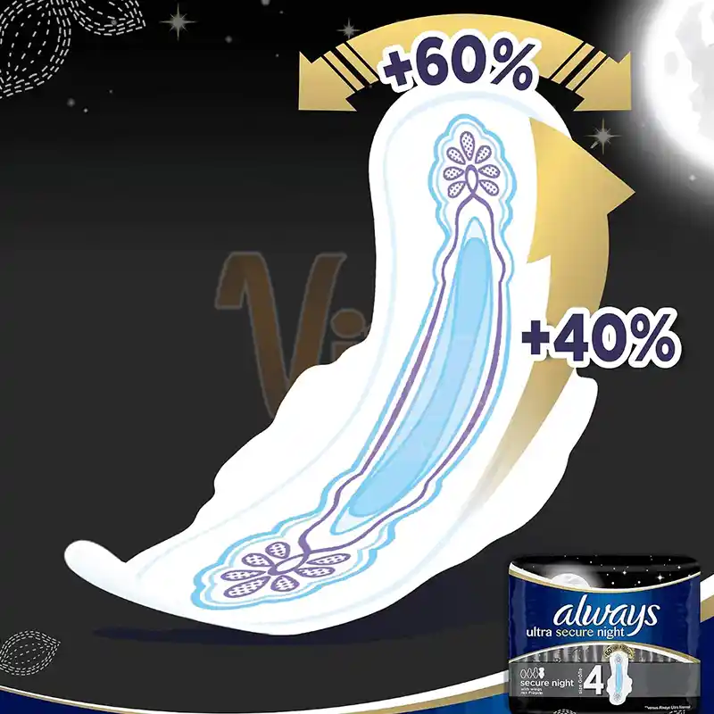 Always Free Secure Night Size 4 Sanitary Pads 5 نوار بهداشتی آلویز فری سکور نایت شب Always Free Secure Night