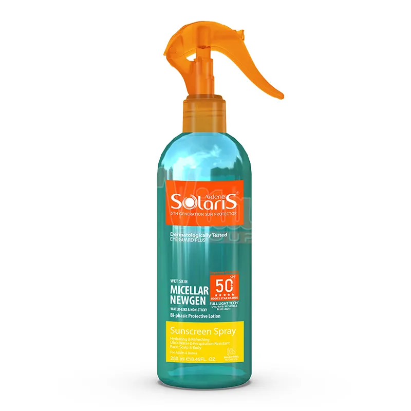 اسپری ضد آفتاب سولاریس میسلار نیوژن Micellar NEWGEN؛ لوسیون دوفاز بی رنگ با SPF50